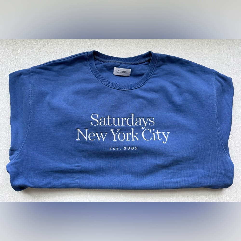 SATURDAYS NYC BOWERY LOGO FRENCH TERRY SWEATSHIRT BLUE